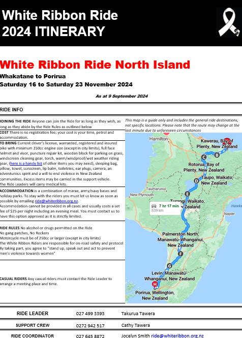 Itinerary North Island Ride 2024 Cover | White Ribbon New Zealand
