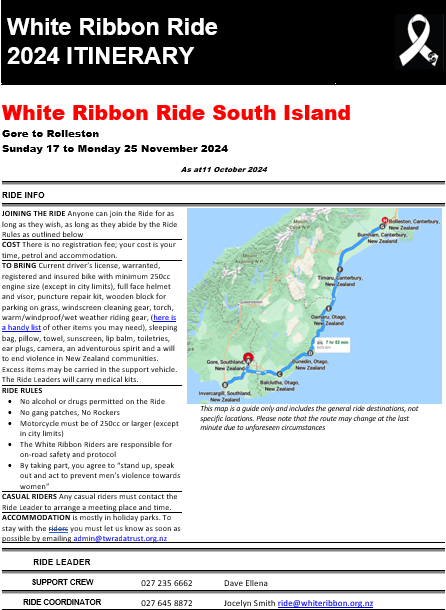 Itinerary South Island Ride 2024 Cover | White Ribbon New Zealand